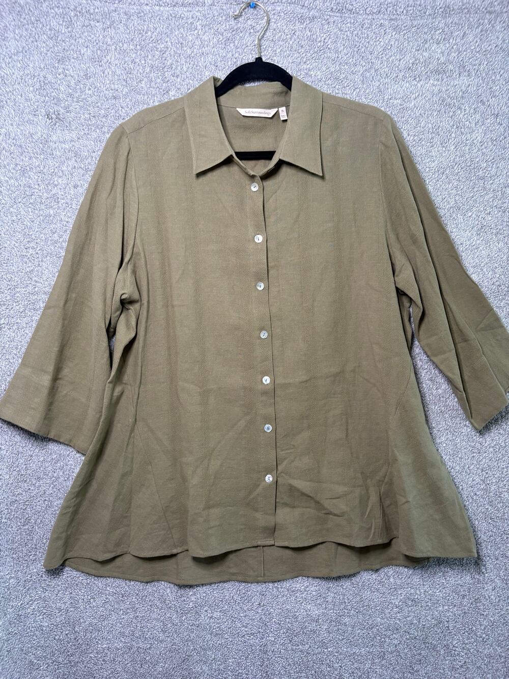 Olive Linen Blend Tunic XL Lagenlook Button Front Boho